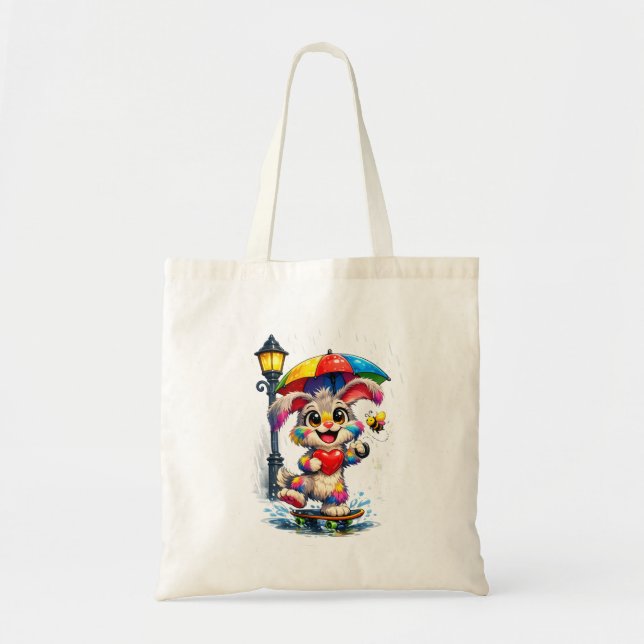 Cute Rainbow Bunny with Umbrella Design Tote Bag (Front)
