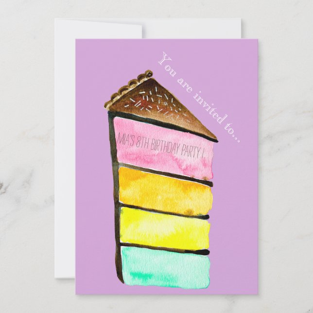 Cute rainbow cake girl or tween birthday party invitation (Front)
