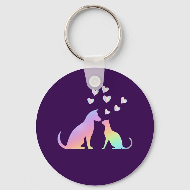 Cute Rainbow Cat and Dog Silhouette Love Purple To Key Ring (Front)