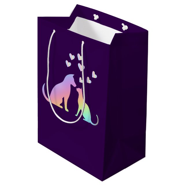 Cute Rainbow Cat and Dog Silhouette Love Purple To Medium Gift Bag (Back Angled)
