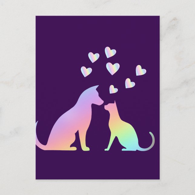 Cute Rainbow Cat and Dog Silhouette Love Purple To Postcard (Front)