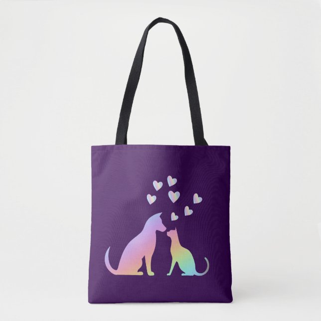 Cute Rainbow Cat and Dog Silhouette Love Purple To Tote Bag (Front)