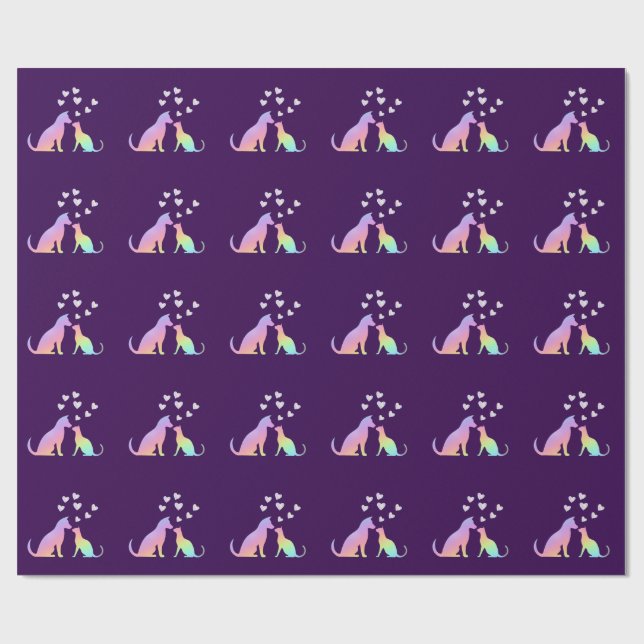 Cute Rainbow Cat and Dog Silhouette Love Purple To Wrapping Paper (Flat)