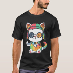 Cute Rainbow Cat Dj Techno Festival Raver T-Shirt