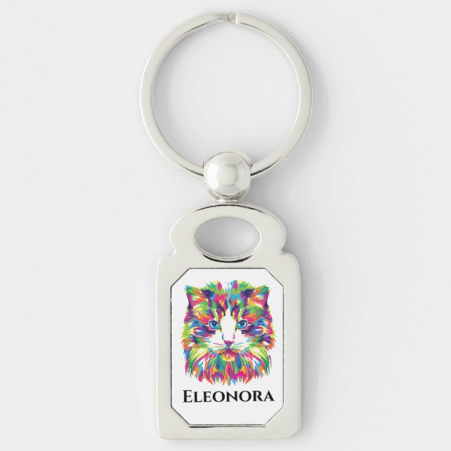 Cute Rainbow Cat Head Personalised Key Ring (Front)