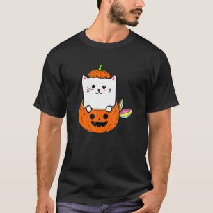 Cute Rainbow Cat Mermaid  Halloween Pumpkin Graphi T-Shirt