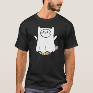 Cute Rainbow Cat Mermaid Halloween Spooky Ghost Bo T-Shirt