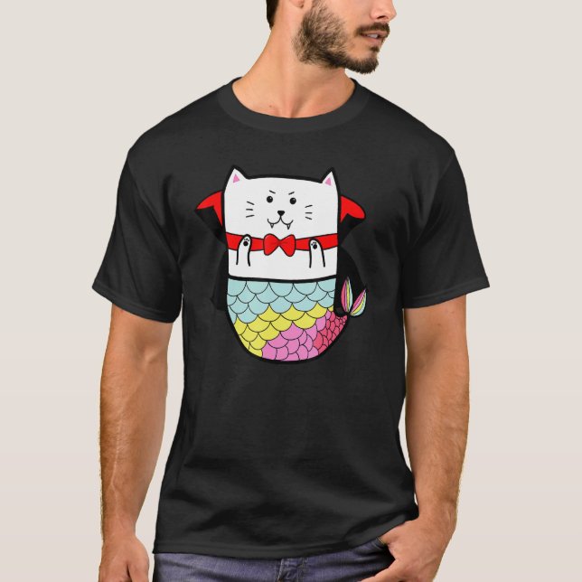 Cute Rainbow Cat Mermaid Halloween Vampire Dracula T-Shirt (Front)