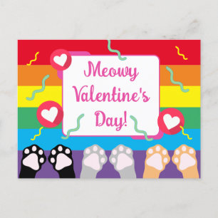 Cute Rainbow Cat Paws Up Happy Valentines Day Holiday Postcard