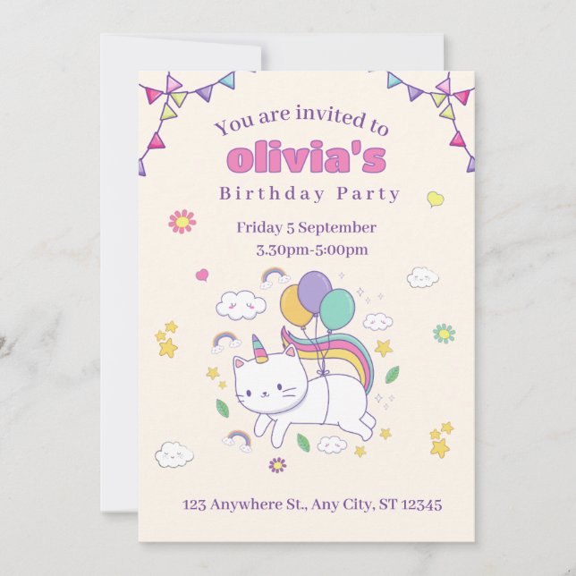Cute Rainbow Cat Unicorn Birthday Invitation  (Front)