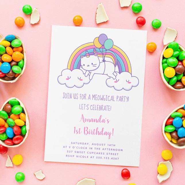 Cute Rainbow Caticorn Birthday Party Invitation (Creator Uploaded)