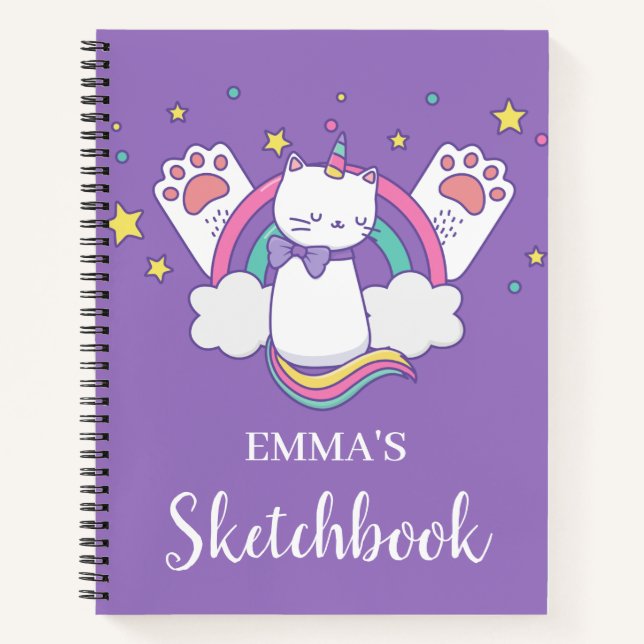 Cute Rainbow Caticorn Personalised Kids Sketchbook Notebook (Front)