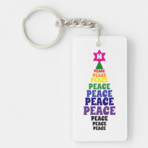 Cute Rainbow Christmas Peace Tree Add Initial Key Ring