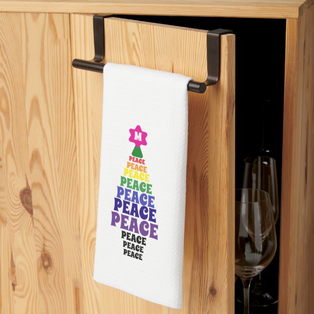 Cute Rainbow Christmas Peace Tree Add Initial Tea Towel (Thirds Fold)