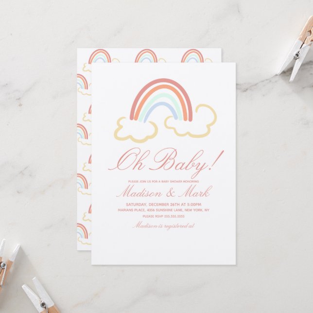 Cute Rainbow Cloud Doodle Baby Shower Rustic Invitation (Front/Back In Situ)