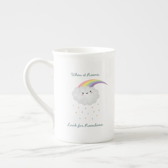 Cute Rainbow Cloud Rain Inspirational Quote Saying Bone China Mug (Left)
