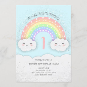 Cute Rainbow & Clouds Birthday Invitation Blue