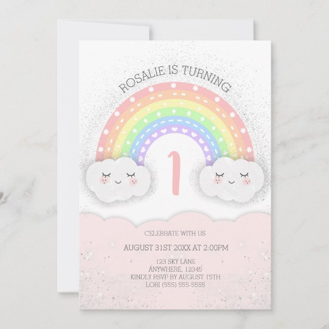 Cute Rainbow & Clouds Girl Birthday Invitation (Front)