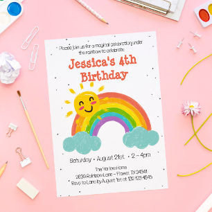Cute Rainbow Clouds Kids Birthday Invitation