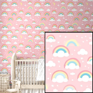Cute Rainbow Clouds & Stars on Pink Wallpaper