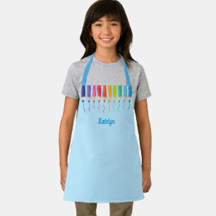 Cute Rainbow Coloured Pencils Blue Art Class Kids Apron