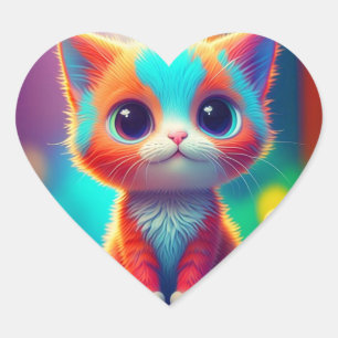 Cute Rainbow Coloured Sitting Kitten Cartoon-85748 Heart Sticker