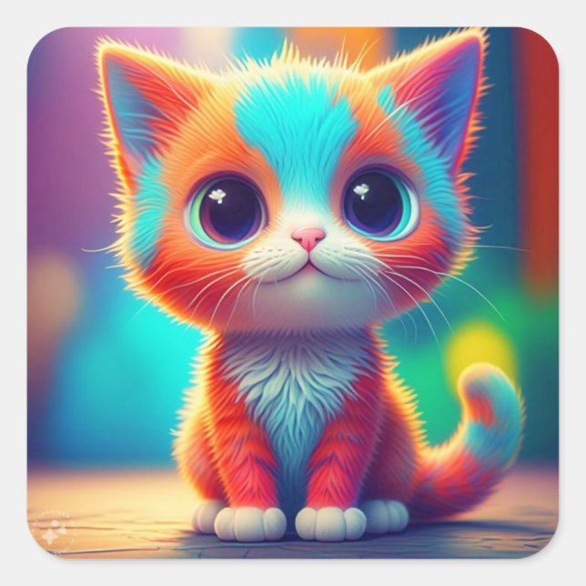 Cute Rainbow Coloured Sitting Kitten Cartoon-85748 Square Sticker (Front)