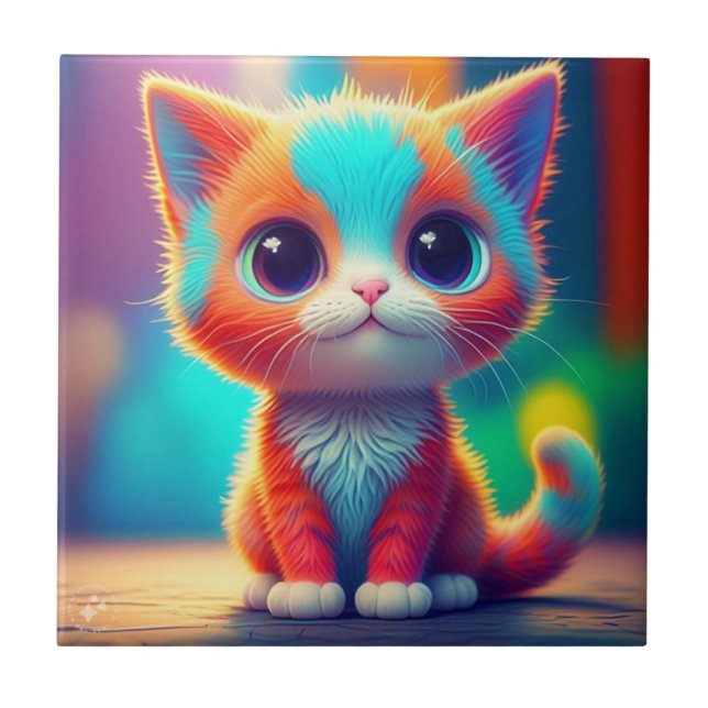 Cute Rainbow Coloured Sitting Kitten Cartoon  Ceramic Tile (Front)