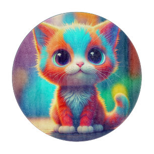 Cute Rainbow Coloured Sitting Kitten Cartoon  Cutting Board