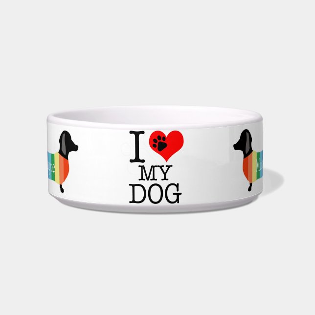 Cute Rainbow Dachshund Monogram I Love my Dog Bowl (Front)