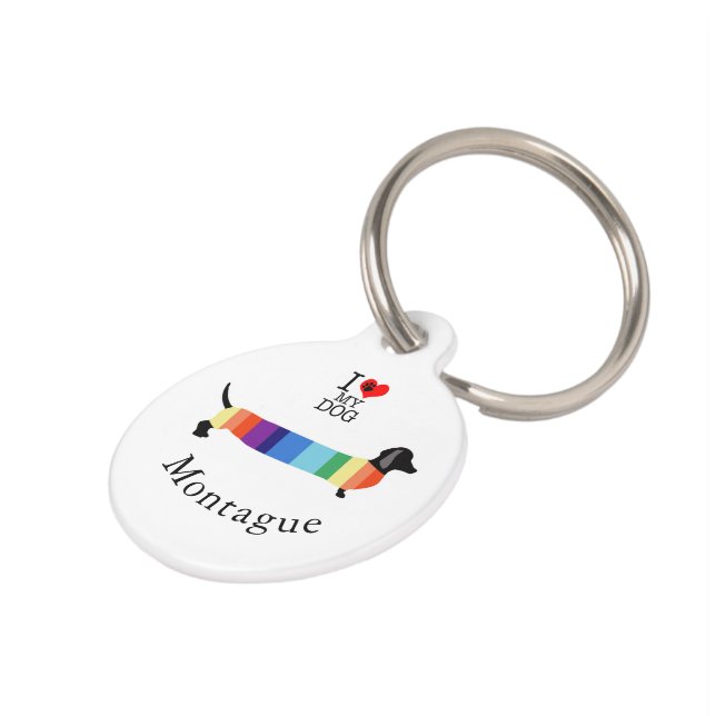 Cute Rainbow Dachshund Monogram I Love my Dog  Pet Tag (Side)