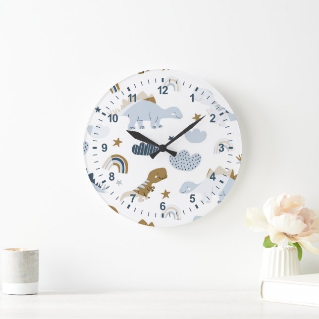 Cute Rainbow Dinosaur Pattern Large Clock (Home)
