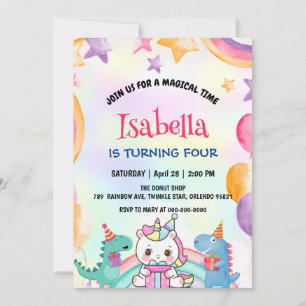Cute Rainbow Dinosaur Unicorn Birthday Party  Invitation