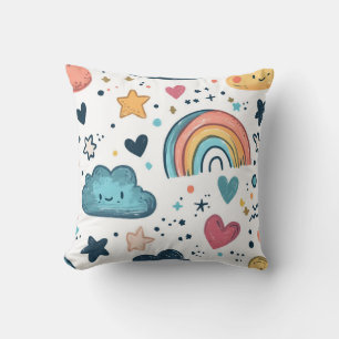 Cute Rainbow Doodle Pattern with Clouds and Stars Cushion