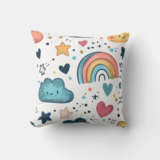 Cute Rainbow Doodle Pattern with Clouds and Stars Cushion (Front)