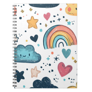 Cute Rainbow Doodle Pattern with Clouds and Stars Notebook