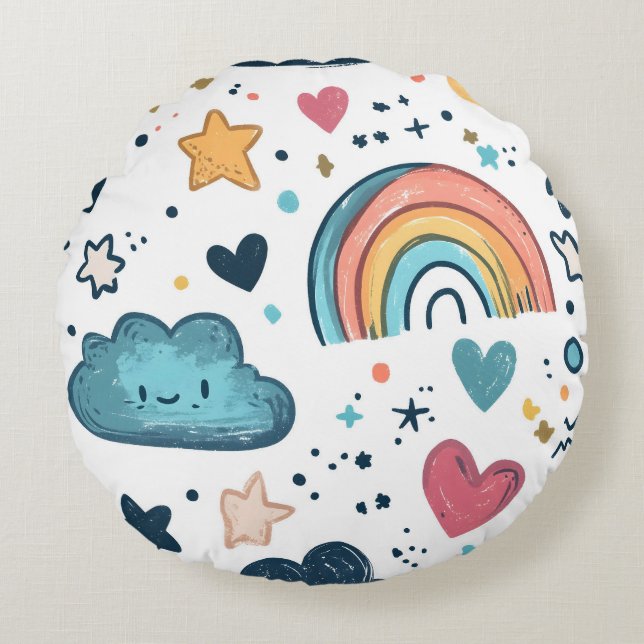Cute Rainbow Doodle Pattern with Clouds and Stars Round Cushion (Front)