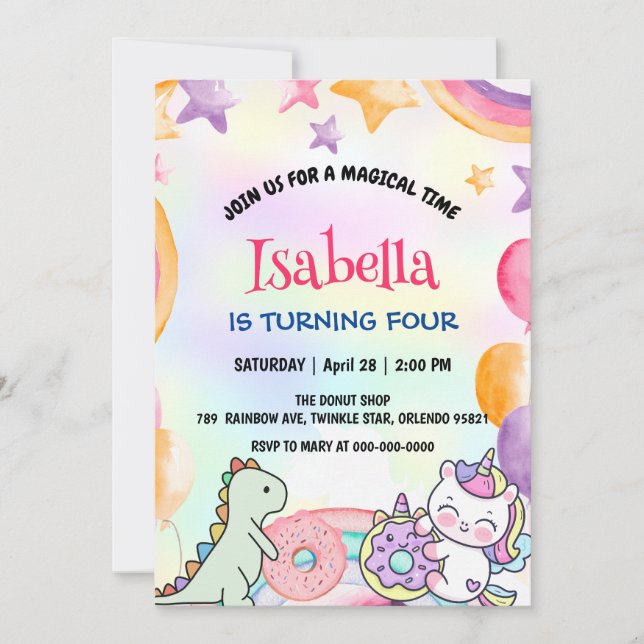 Cute Rainbow Doughnuts Dino Unicorn Birthday Party Invitation (Front)