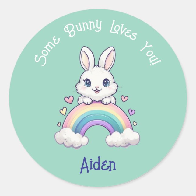 Cute Rainbow Easter bunny custom Classic Round Sticker (Front)