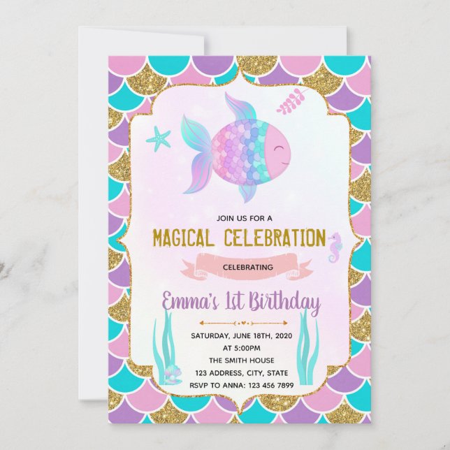 Cute rainbow fish theme invitation (Front)