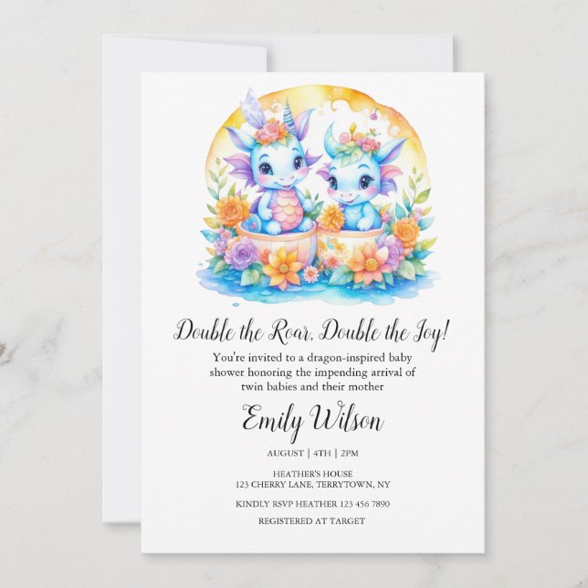 CUTE RAINBOW FLORAL BABY DRAGONS TWINS BABY SHOWER INVITATION (Front)