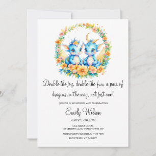 CUTE RAINBOW FLORAL BABY DRAGONS TWINS BABY SHOWER INVITATION