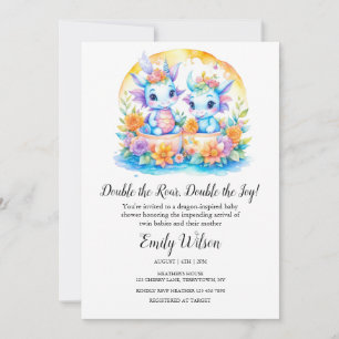 CUTE RAINBOW FLORAL BABY DRAGONS TWINS BABY SHOWER INVITATION