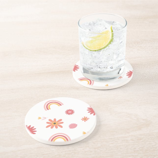 Cute Rainbow & Floral Pastel Pattern Coaster (Side)