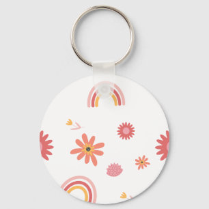 Cute Rainbow & Floral Pastel Pattern Key Ring