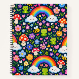 Cute Rainbow Frogs Mushrooms and Flowers Notebook