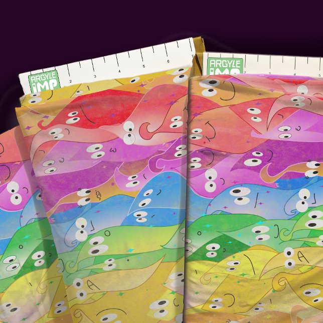 Cute Rainbow Funny Face Blob Monsters Fabric (close-up with ruler)