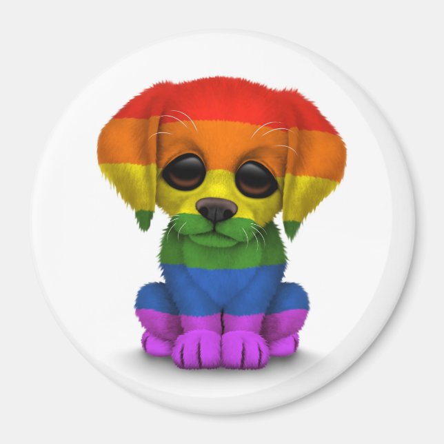 Cute Rainbow Gay Pride Puppy Dog, White Magnet (Front)