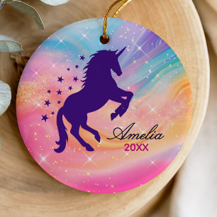 Cute rainbow girly unicorn holiday keepsake ceramic ornament