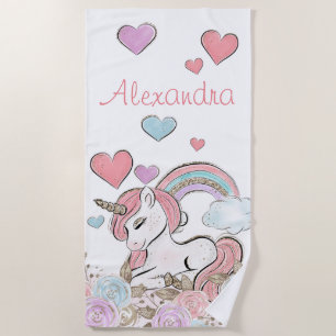 Cute Rainbow Glitter Unicorn with Custom Name Beach Towel
